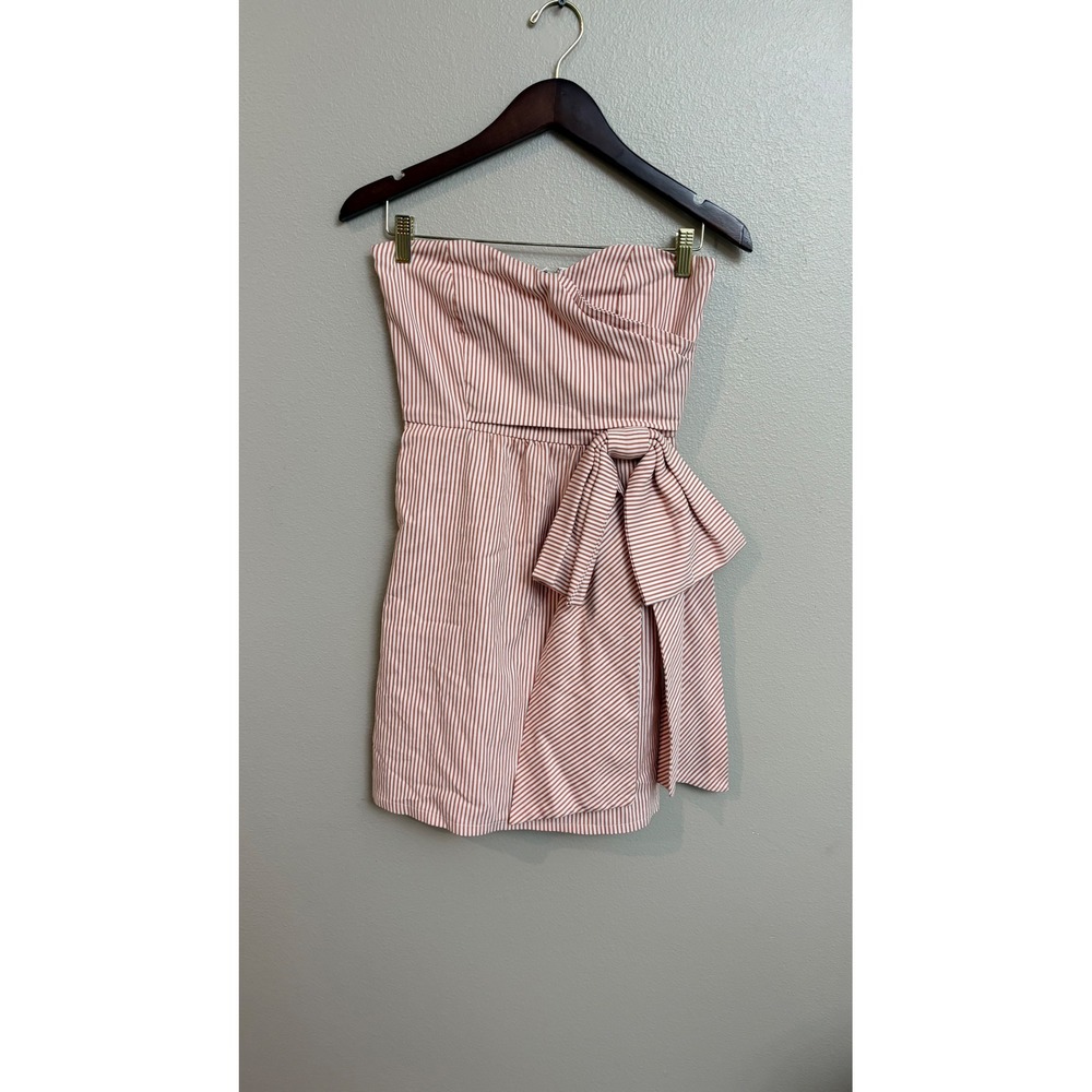 Judith March Strapless Mini Dress Small Orange White Striped Bow Seersucker